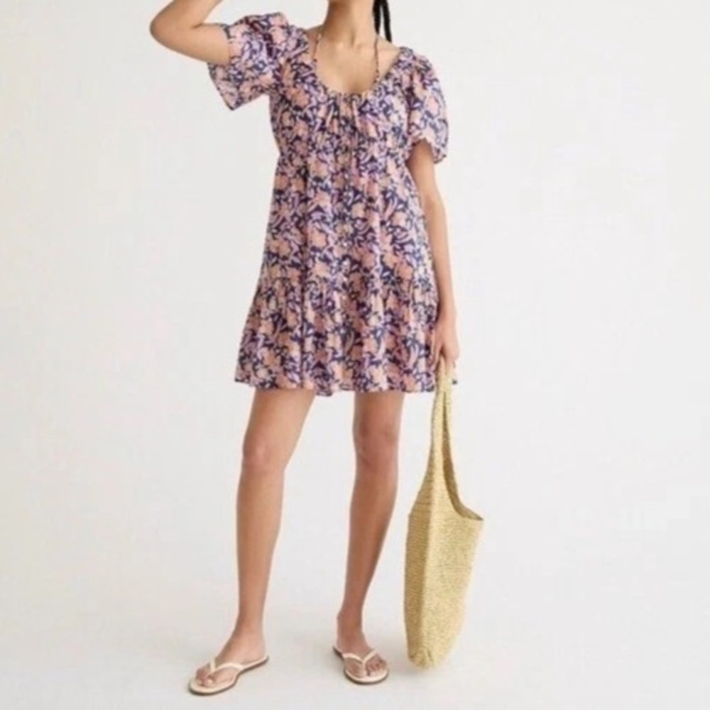 NEW J Crew Womens 2X Navy Floral Mini Dress Tie Neck Tiered Boho Lightweight
